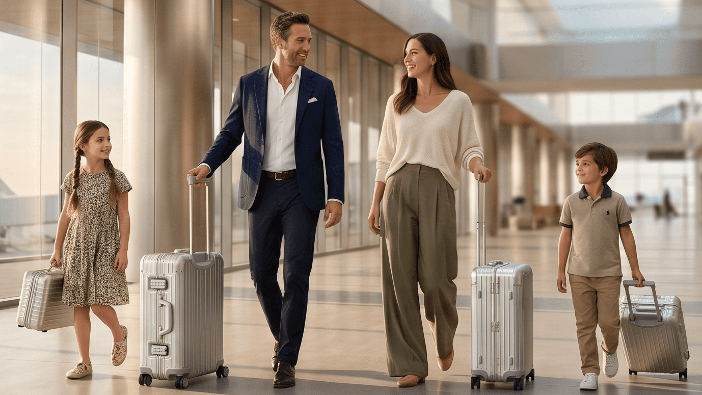 Familia de viajeros expertos caminando con equipaje en un aeropuerto moderno, representando nuestra experiencia logística en Xatrachos.