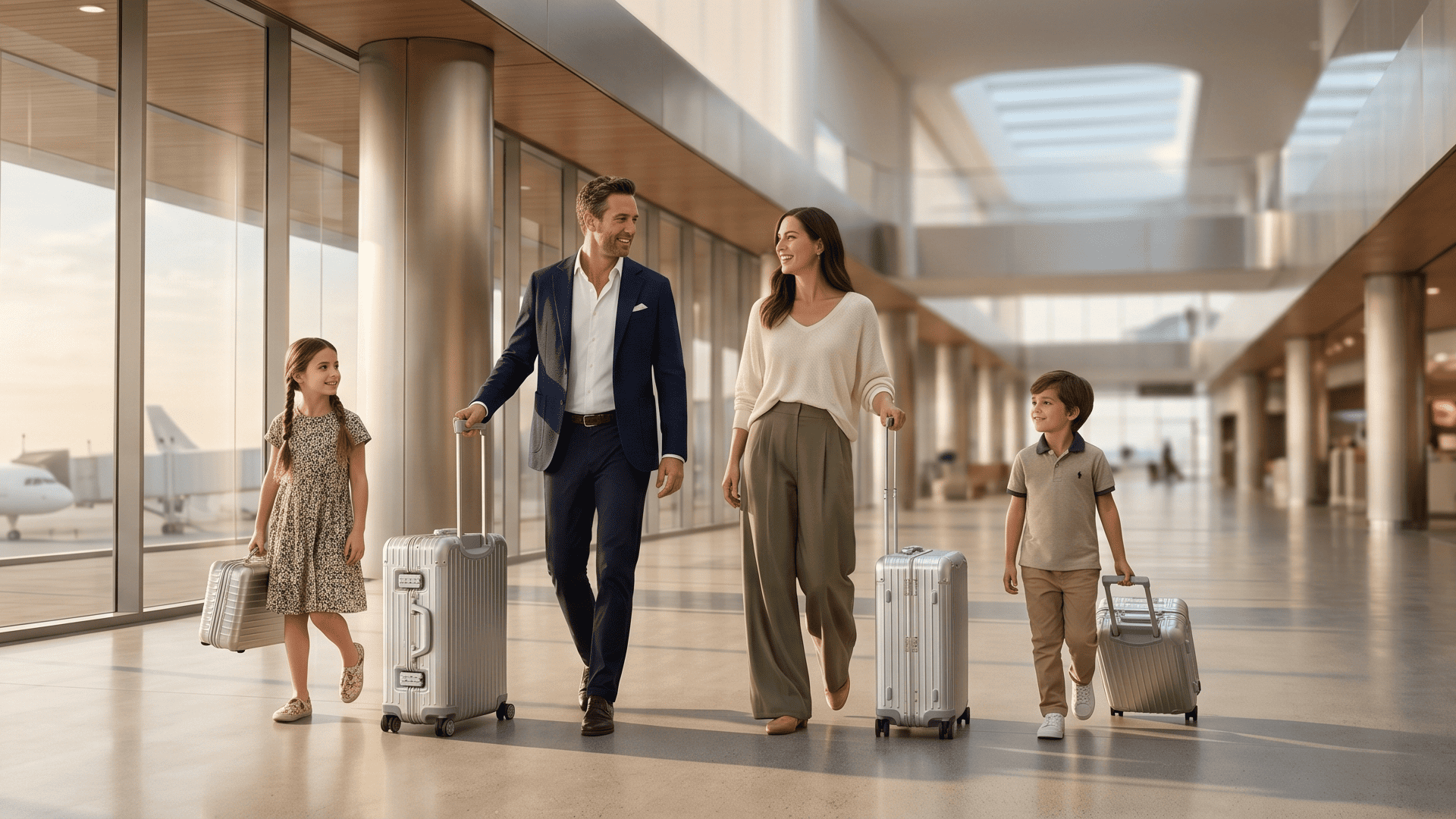 Familia de viajeros expertos caminando con equipaje en un aeropuerto moderno, representando nuestra experiencia logística en Xatrachos.